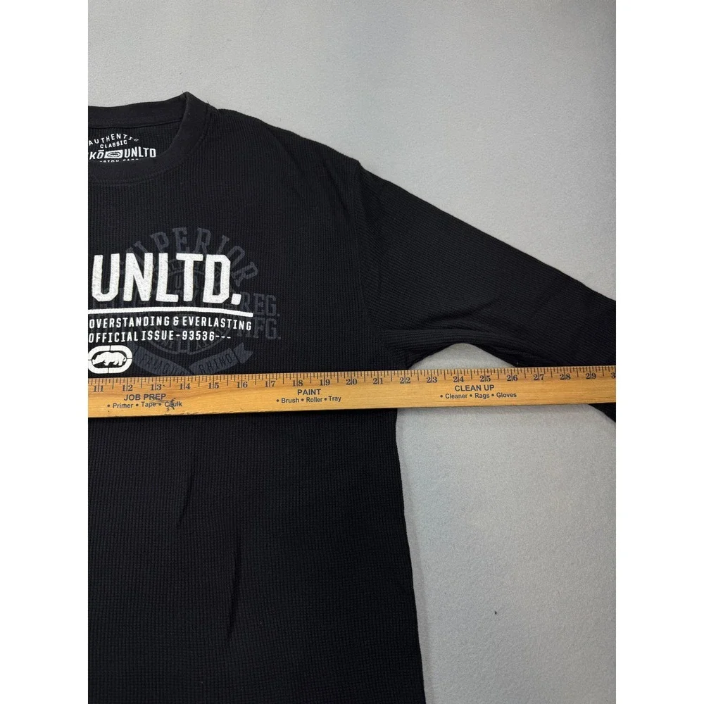 Ecko Unltd Mens XL Black Waffle Knit Thermal Long Sleeve Graphic T-Shirt Rhino